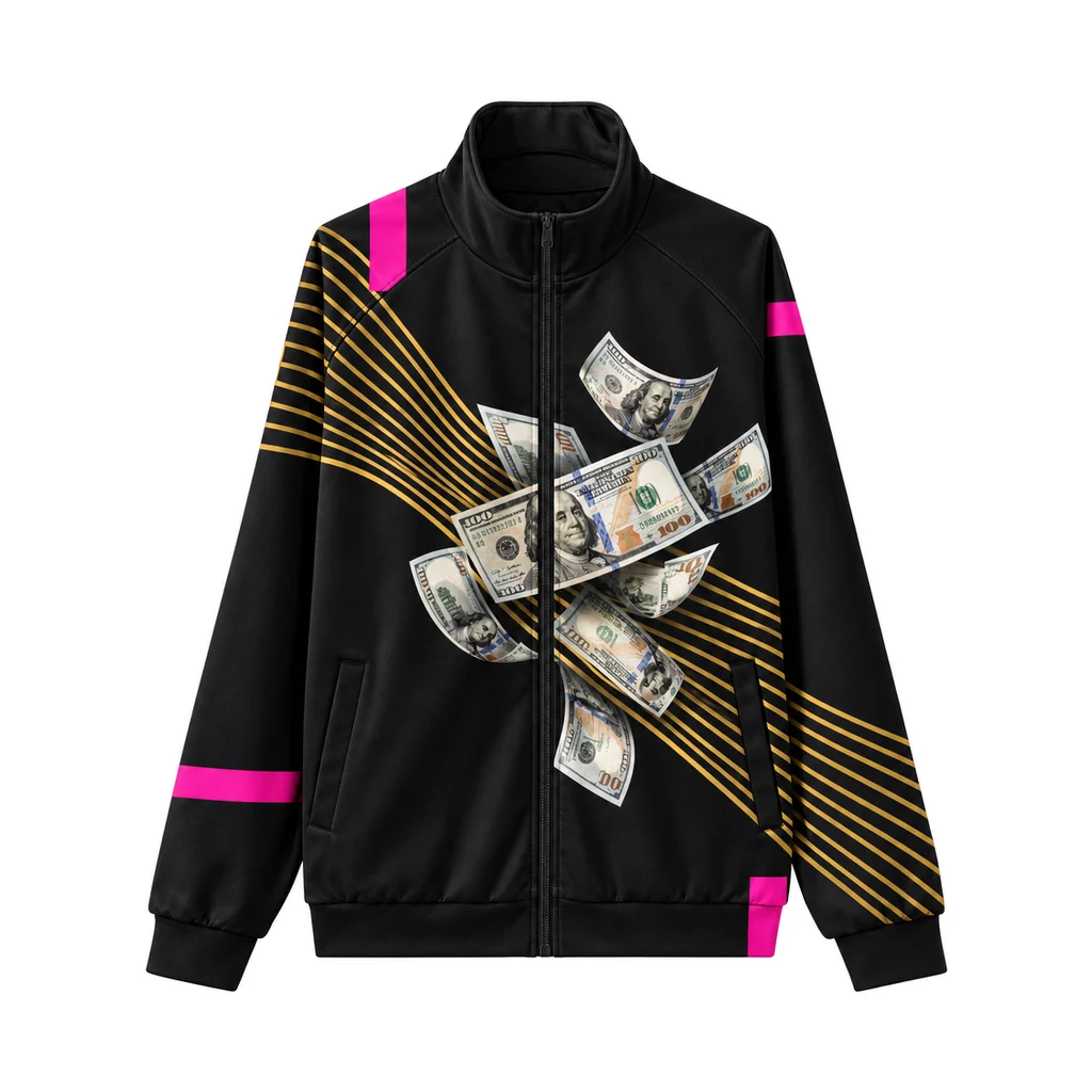 Black Money Stand Collar Zip Jacket