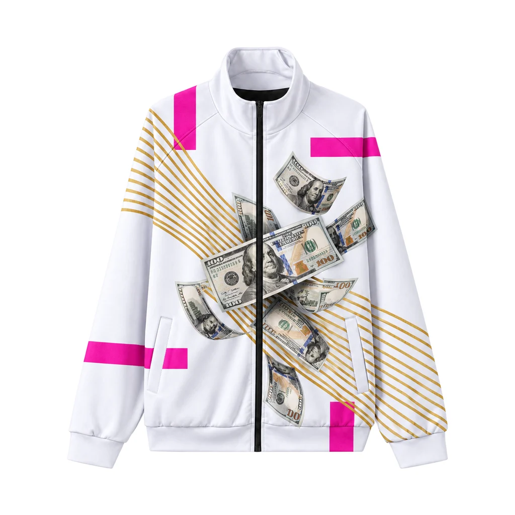 $100 Bills Stand Collar Zip Jacket